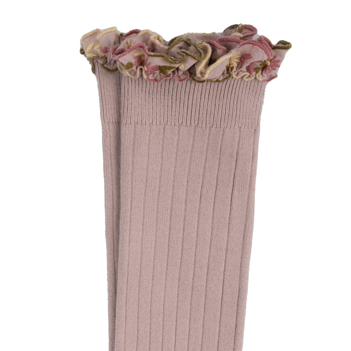 Chaussettes Eglantine à volant brodé - vieux rose