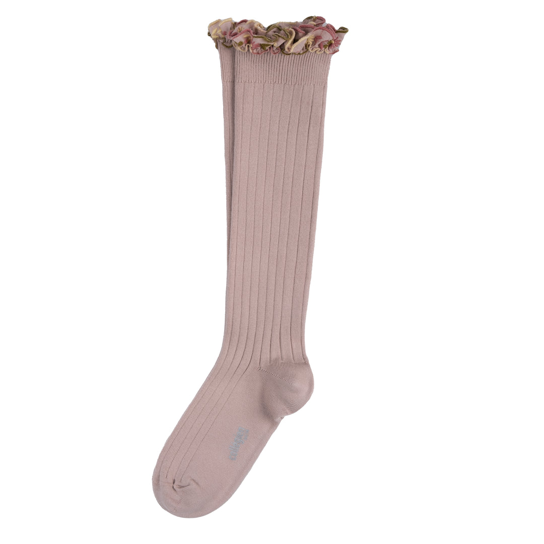 Chaussettes Eglantine à volant brodé - vieux rose
