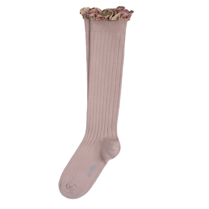 Chaussettes Eglantine à volant brodé - vieux rose