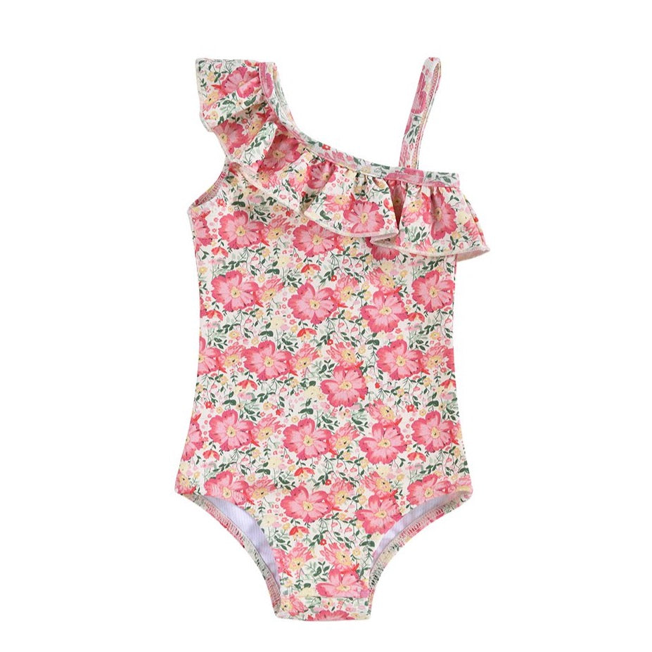 maillot de bain une pièce Audrey, motif fleurie, Pink meadow, , chapeau bob motif assorti, Louise Misha, Rose et Balthazar