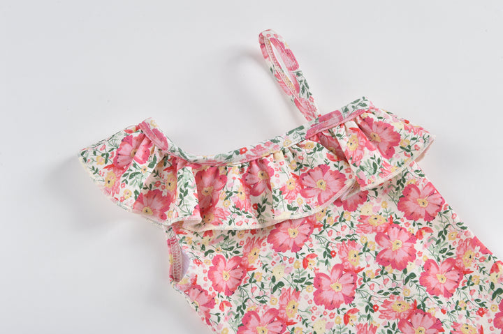 maillot de bain une pièce Audrey, motif fleurie, Pink meadow, , chapeau bob motif assorti, Louise Misha, Rose et Balthazar détails volants