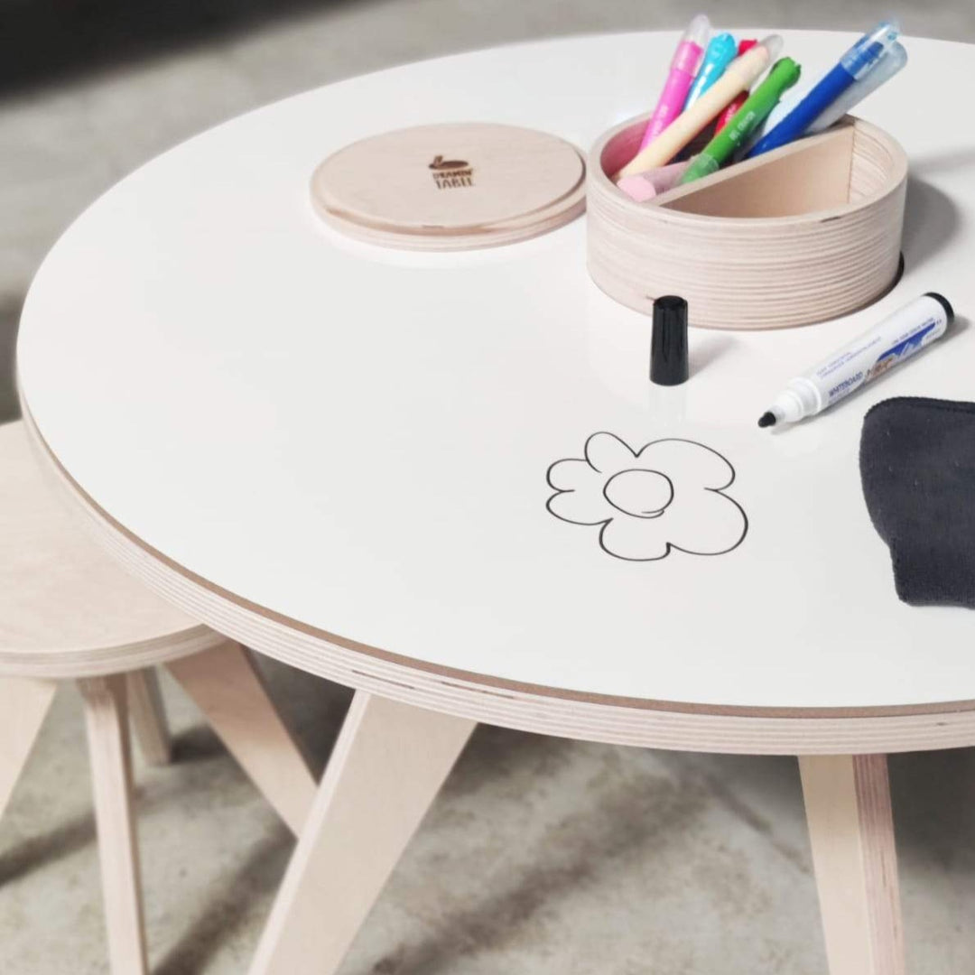Table de dessin Drawin Kid's, feuille de dessin blanche, pot à crayon, tableau, feutres Velléda, Rose et Balthazar