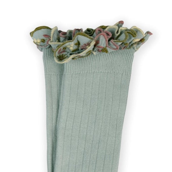 Chaussettes Eglantine à volant brodé - aigue marine