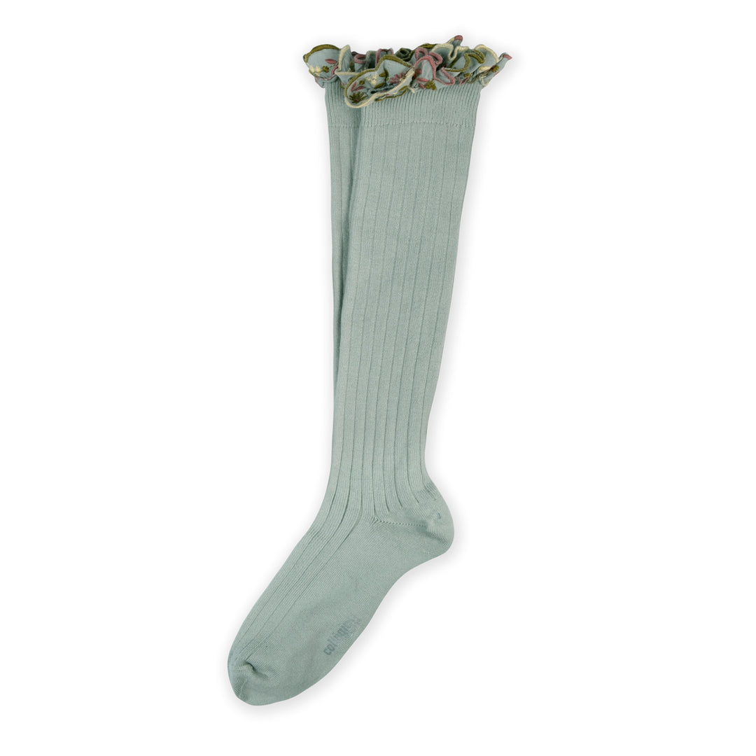 Chaussettes Eglantine à volant brodé - aigue marine