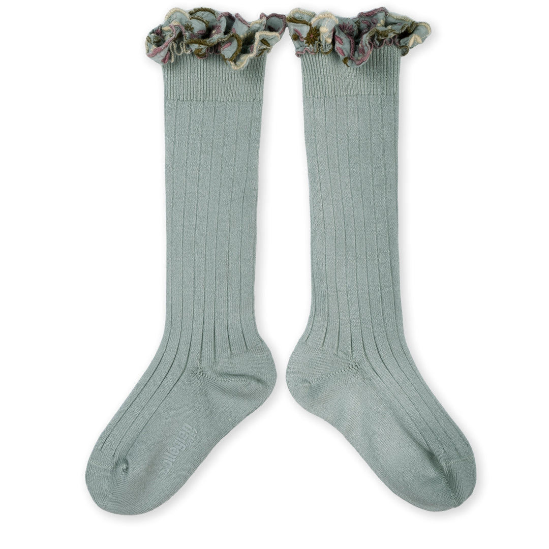 Chaussettes Eglantine à volant brodé - aigue marine