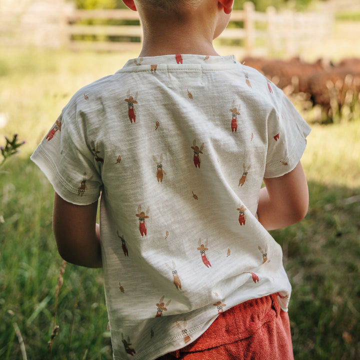 Photo du tee-shirt imprimé lapin Mae de chez Les Petites Choses porté par un garçon de dos à la ferme