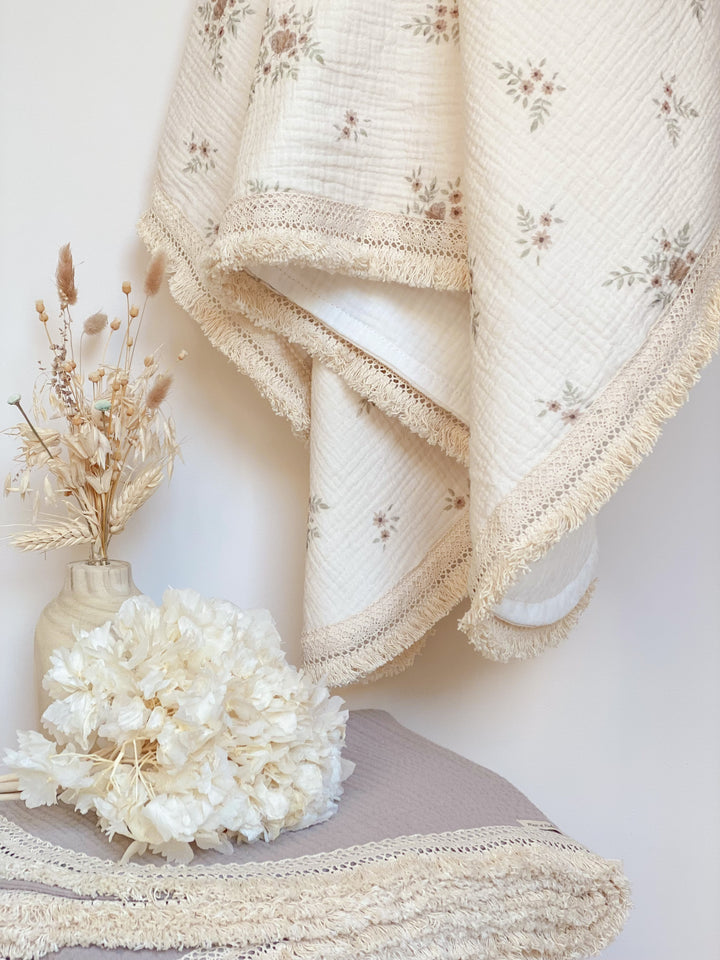 Floral print cotton and lace throw