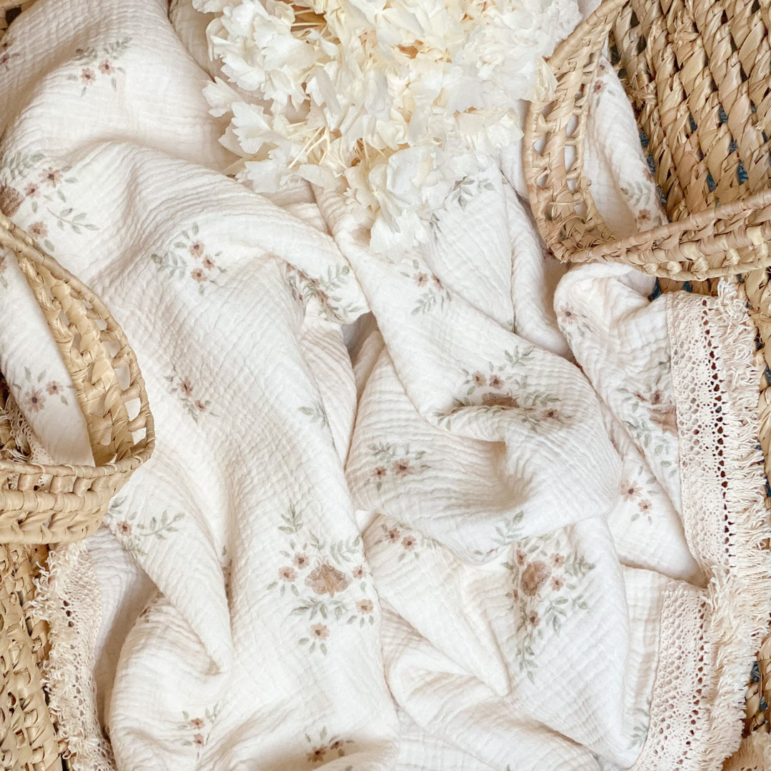 Floral print cotton and lace throw